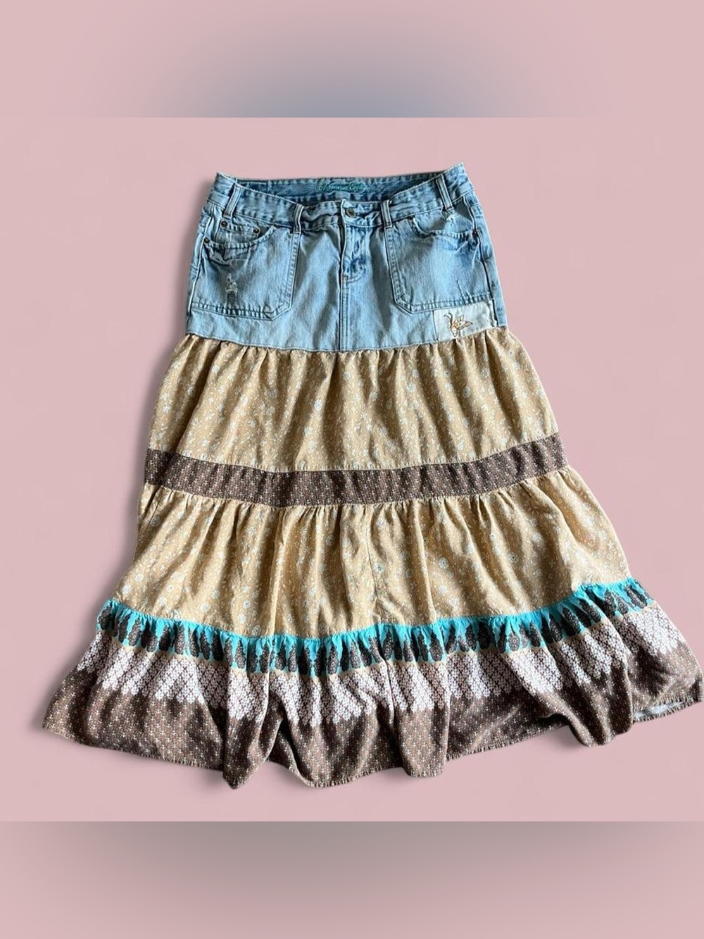 Y2K 2000s Vintage Handmade Whimsy Boho Denim Floral Patchwork Maxi Skirt Size 12